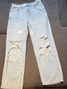 Forever 21 Light Blue High-waisted Wide-leg Distressed Boyfriend Jeans